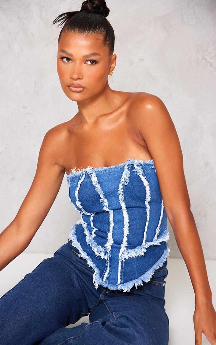 Mid Blue Wash Distressed Seam Detail Paneled Dipped Corset Product Image