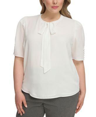 Calvin Klein Plus Size Short-Sleeve Tie-Neck Top Product Image