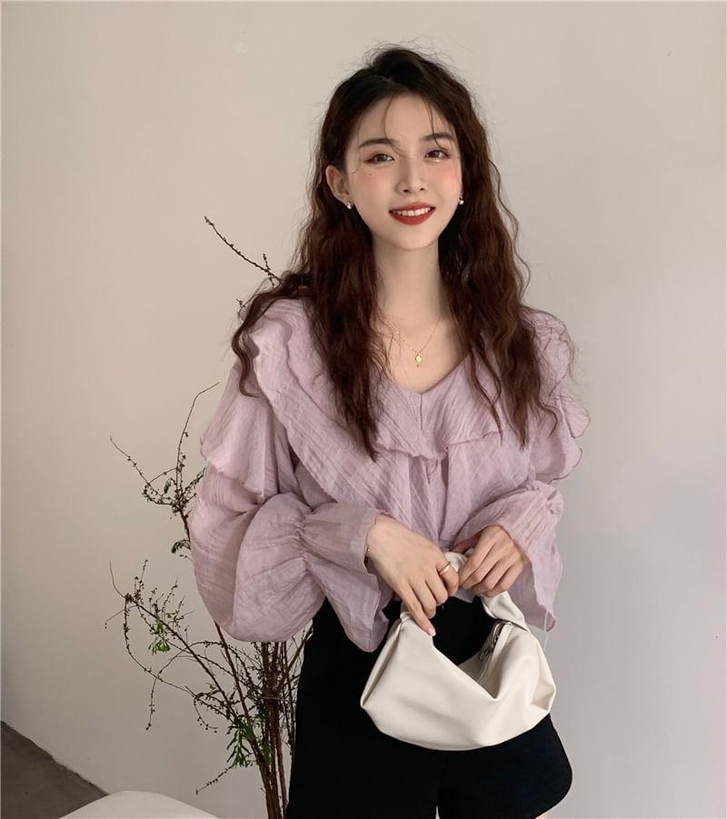 Ruffle Sleeve V-Neck Plain Ruffle Blouse Product Image