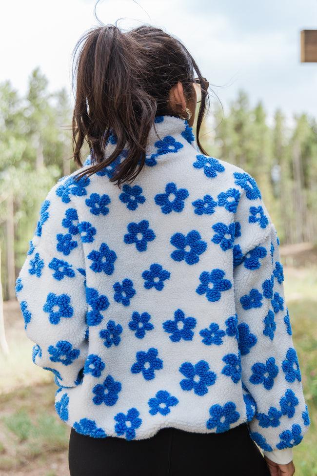 Playing For Keeps Blue and Ivory Floral Print Sherpa Pullover FINAL SALE Product Image