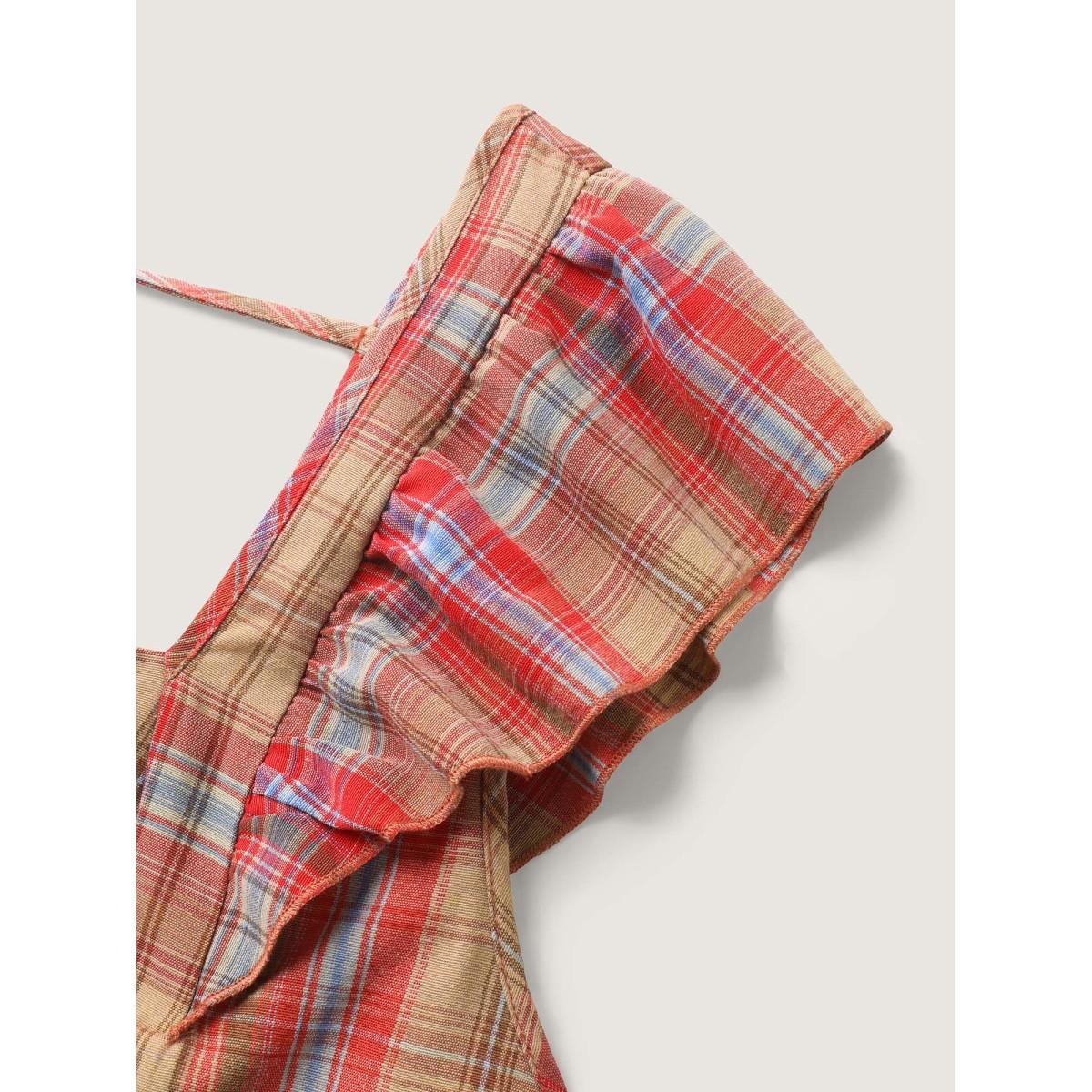 Plus Size Raspberry Plaid Print Flutter Sleeve Pleated Blouse Women Cap Sleeve Square Neck Everyday-Casual Blouses BloomChic 10/M Product Image