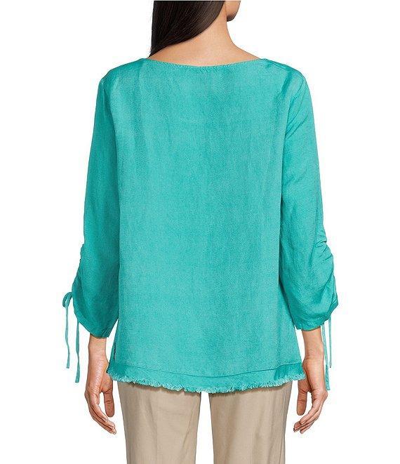 Ali Miles Linen Blend Solid Round Neck 3/4 Cinched Tie Sleeve Tunic Product Image