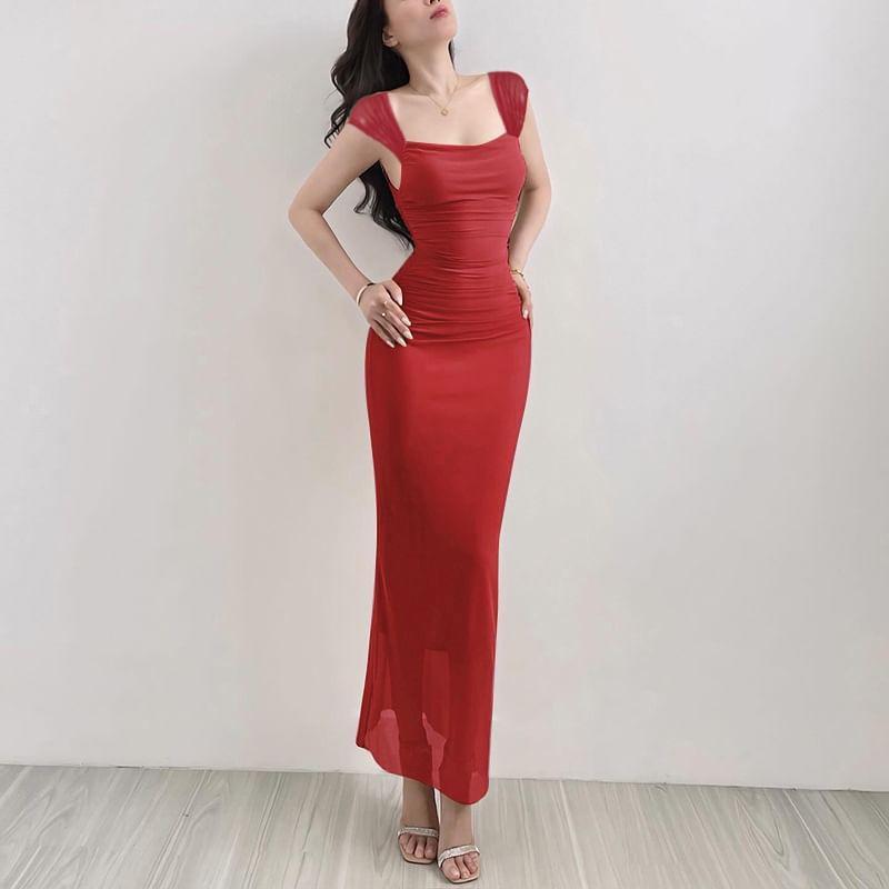 Cap-Sleeve Queen Anne Neckline Mesh Maxi Sheath Dress Product Image