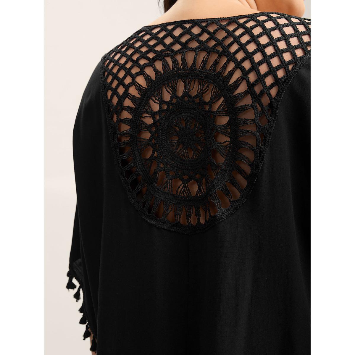 Plus Size Backless Front-Tie Tassels Kimono Women Black Tie knot Loose Vacation Kimonos BloomChic 14-16/1X Product Image