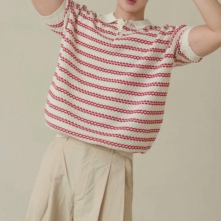 Short-Sleeve Collar Striped T-Shirt Product Image