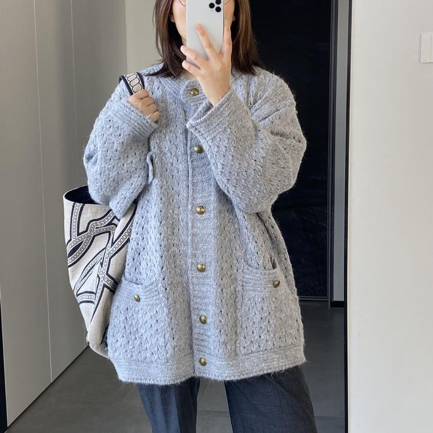 Round Neck Plain Button Oversized Knitted Cardigan Product Image