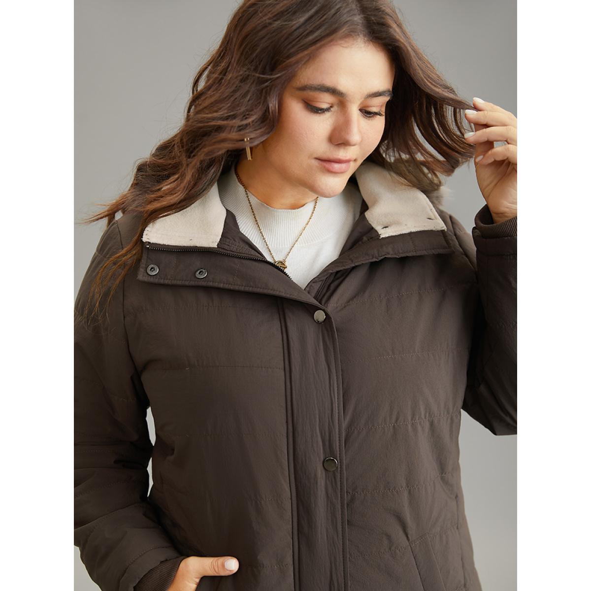 Plus Size Contrast Pocket Fuzzy Detail Zipper Fly Coat Women DarkBrown Casual Rib Knit Ladies Dailywear Winter Coats BloomChic 22-24/3X Product Image