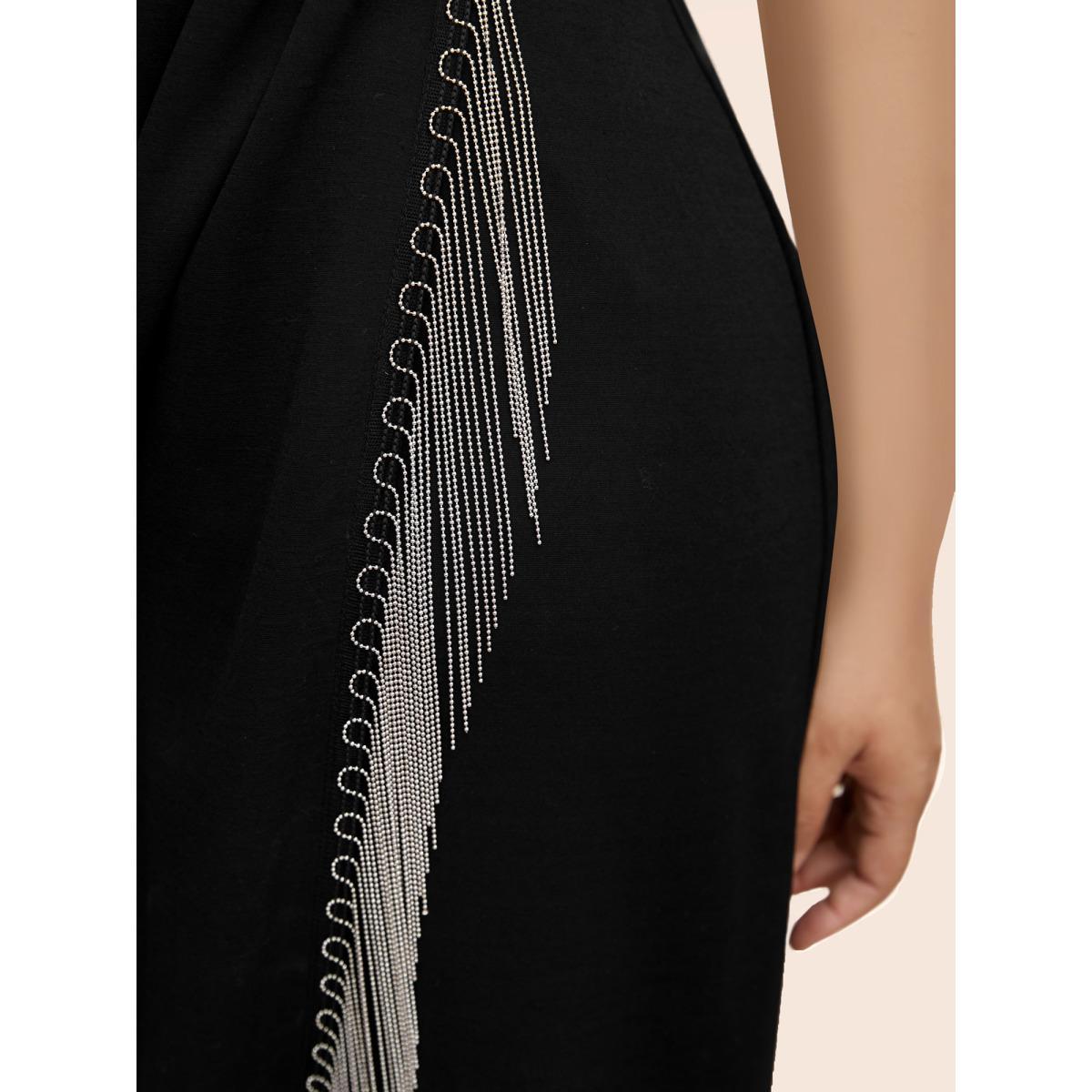 Plus Size Notched Collar Tassel Trim Cami Dress Black Women Cocktail Tassels Notched collar Sleeveless Curvy BloomChic 26/4X Product Image