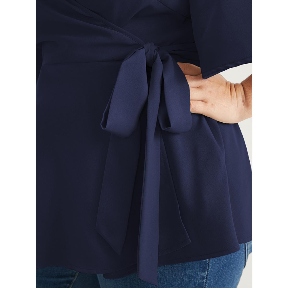 Plus Size Indigo Plain Ruffles Button Belted Wrap Babydoll Blouse Women Elegant Short sleeve V-neck Dailywear Blouses BloomChic 30/6X Product Image
