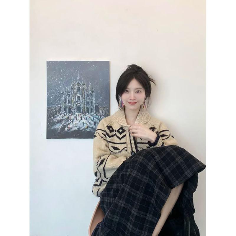 Collared Jacquard Button-Up Cardigan Product Image