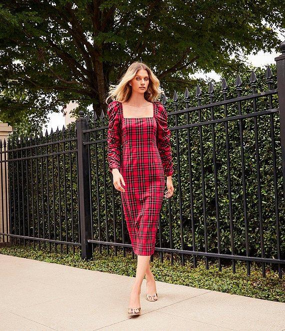 Antonio Melani Elena Plaid Square Neck Long Ruched Sleeve Dress Product Image