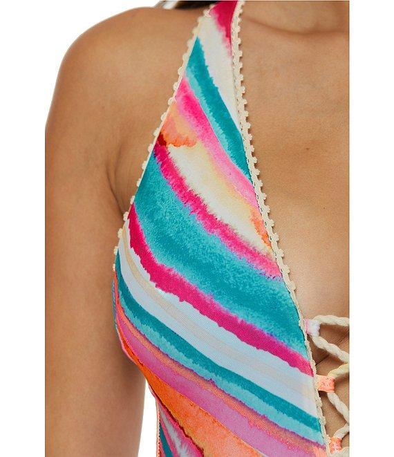 Lucky Brand Porto Covo Water Color Placement Print Plunge One Piece Swimsuit Product Image
