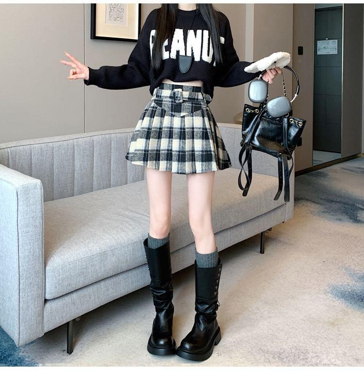 High Rise Plaid Mini Pleated A-Line Skirt Product Image