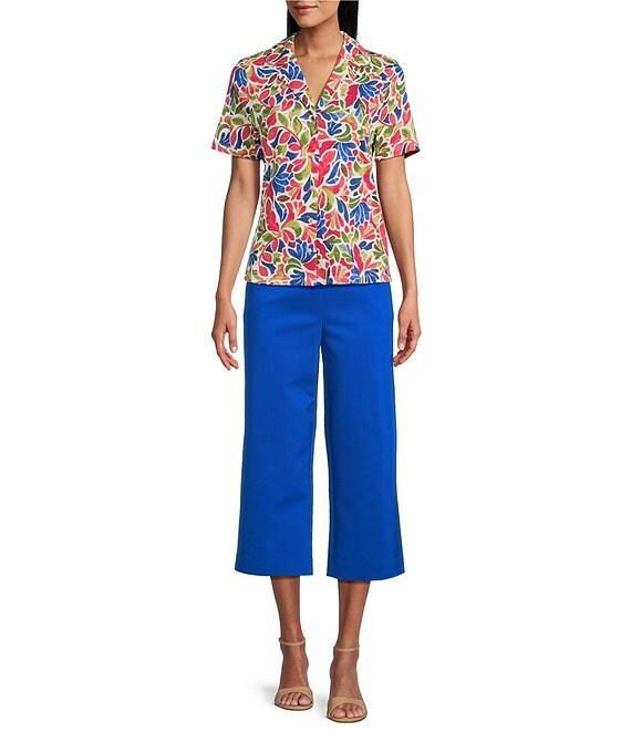 Investments Knit Folk Art Floral Short Sleeve Button Front Notch Collar Camp Top Product Image