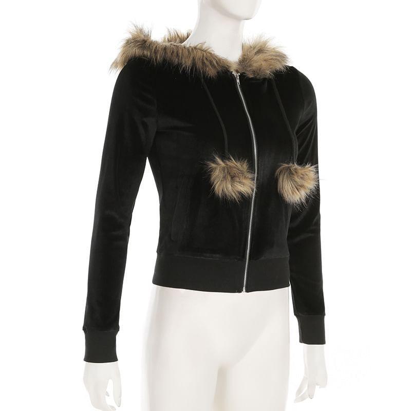 Hooded Faux Fur Trim Zip Up Crop Jacket Product Image