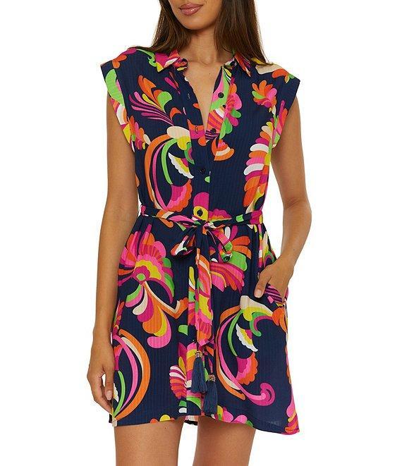 Trina Turk Poolside Swirl Texture Woven Button Front Shirt Dress Swim Cover-Up Product Image