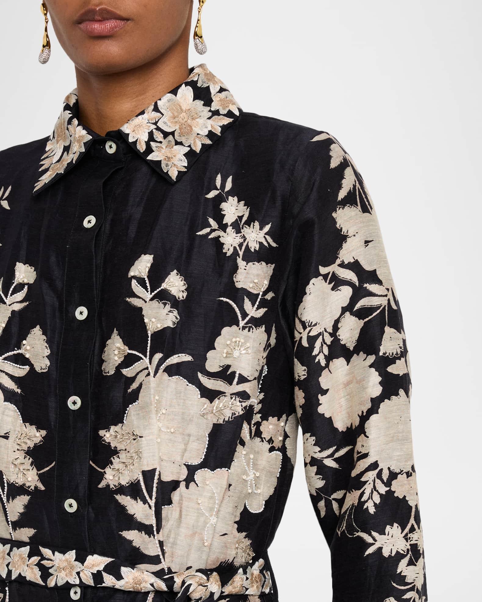 Embellished Floral Silk-Linen Organza Midi Shirtdress With Belt Product Image