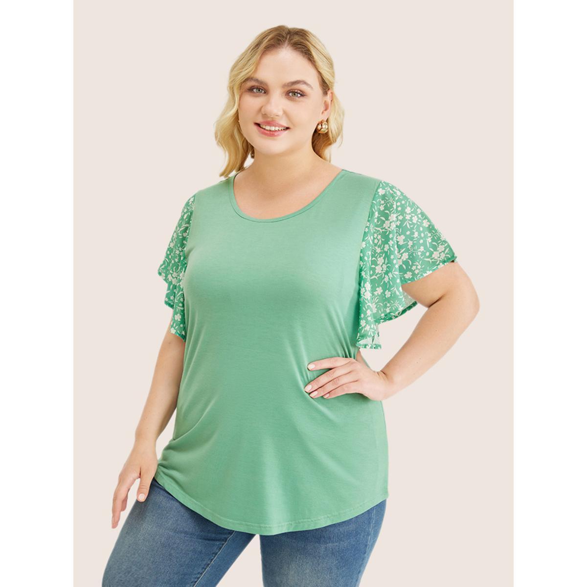 Plus Size Ditsy Floral Ruffle Sleeve Round Neck T-Shirt Mint Women Elegant Ditsy Floral Everyday T-shirts BloomChic 18-20/2X Product Image