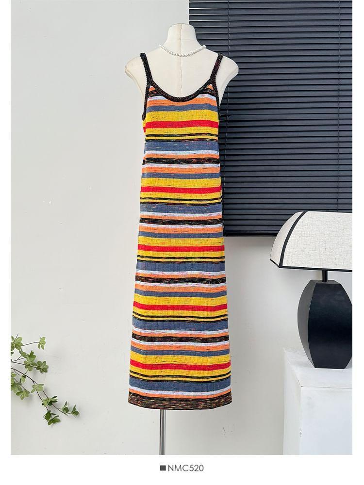 Sleeveless Rainbow-Striped V-Neck Midi Dress Product Image