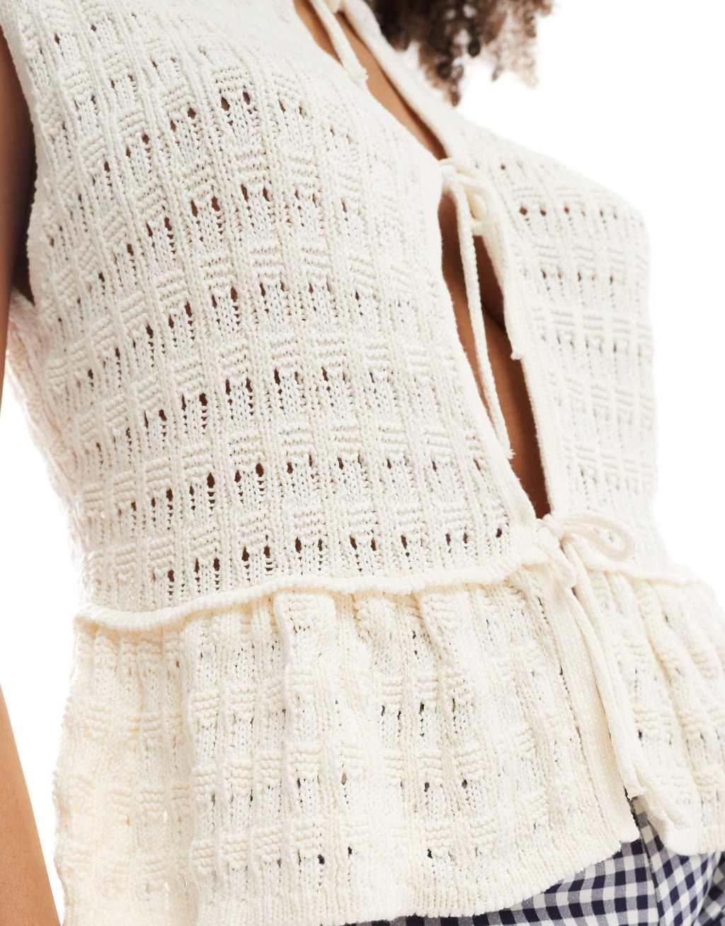 ASOS DESIGN peplum tie front open knit top in ecru Product Image