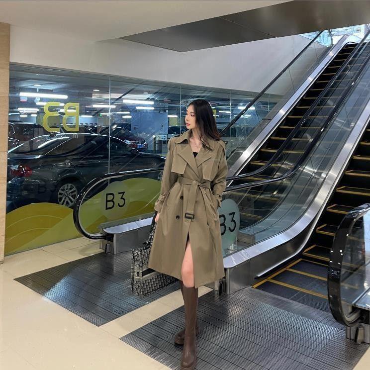 Collared Plain Midi Double Breasted Trench Coat Product Image