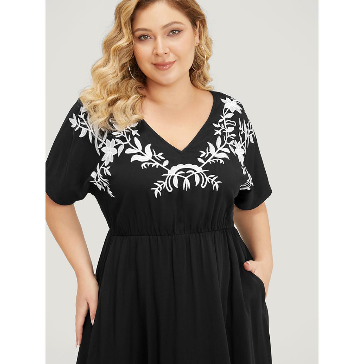 Plus Size Floral Embroidered Pocket Dolman Sleeve Ruffle Dress Black Women Vacation Embroidered V-neck Short sleeve Curvy Knee Dress BloomChic 14-16/1X Product Image