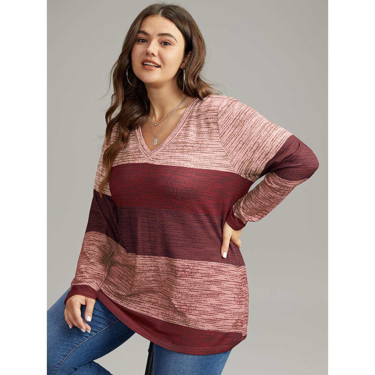 Plus Size Striped Colorblock Contrast V Neck T-shirt Red Women Casual Contrast Colorblock V-neck Everyday T-shirts BloomChic 18-20/2X Product Image