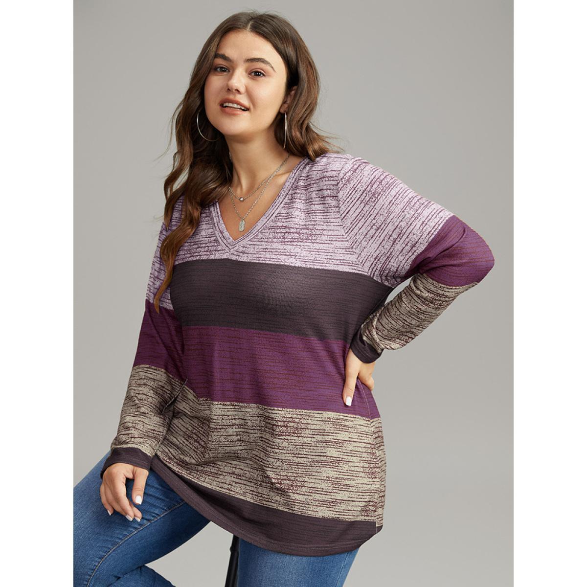 Plus Size Striped Colorblock Contrast V Neck T-shirt Purple Women Casual Contrast Colorblock V-neck Everyday T-shirts BloomChic 30/6X Product Image