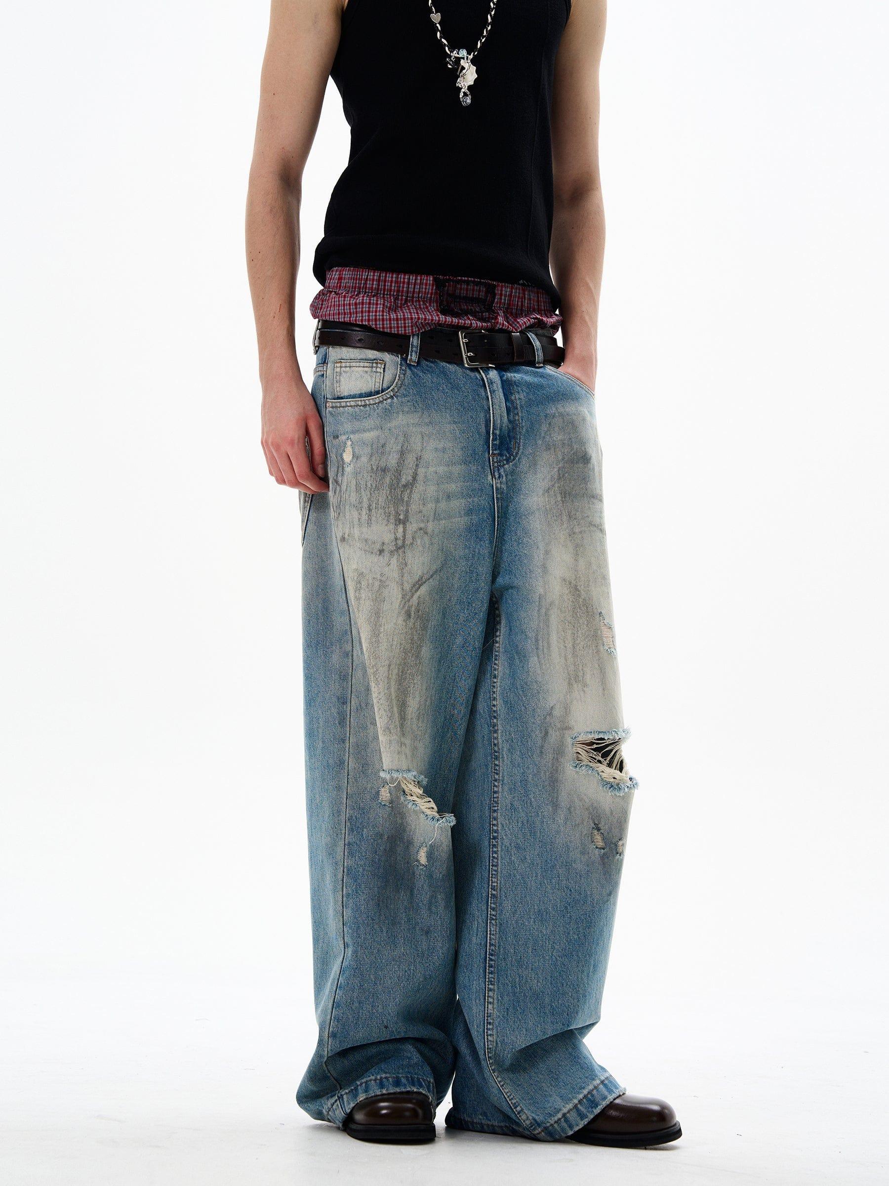 RT No. 12692 DISTRESSED WASHED DENIM STRAIGHT JEANS Product Image