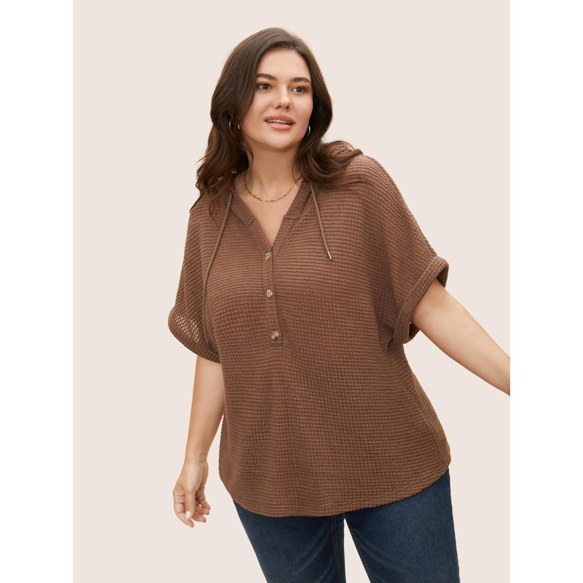 Plus Size Solid Hooded Drawstring Dolman Sleeve T-shirt DarkBrown Women Casual Texture Hooded Everyday T-shirts BloomChic 14-16/1X Product Image