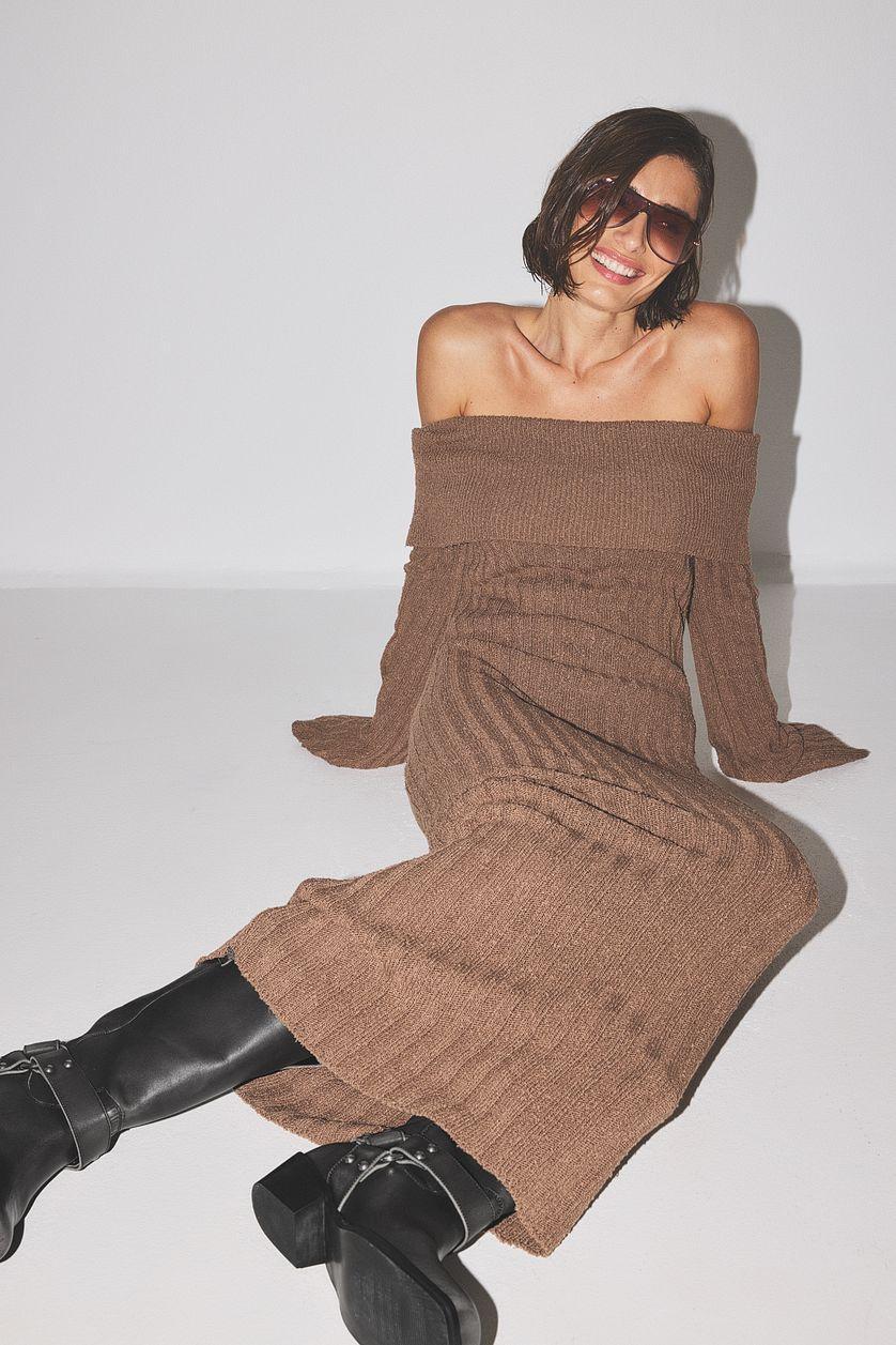 Knitted Offshoulder Midi Dress Brown Product Image