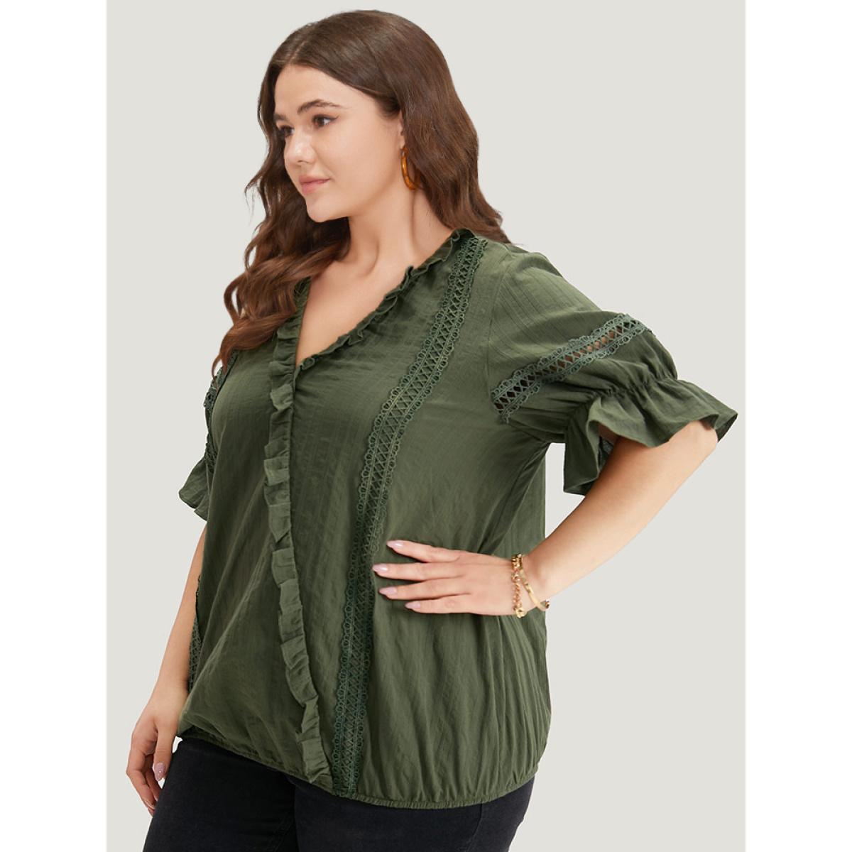 Plus Size ArmyGreen Solid Ruffle Trim Guipure Lace Elastic Hem Blouse Women Vacation Short sleeve V-neck Dailywear Blouses BloomChic 18-20/2X Product Image