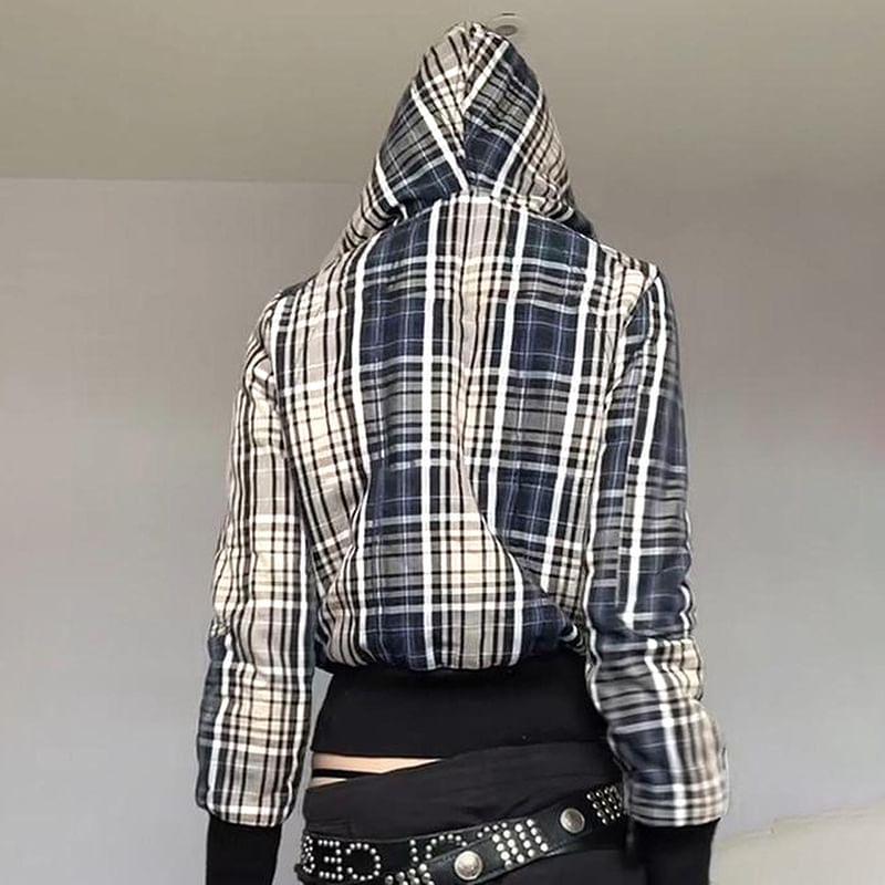 Stand Collar Plaid Zip Bomber Jacket Product Image