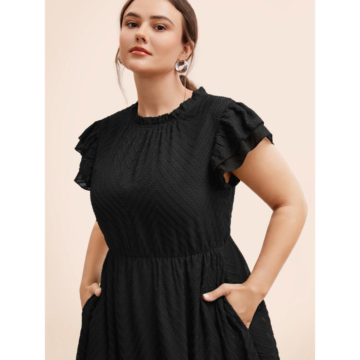 Plus Size Plain Geometric Layered Sleeve Pocket Ruffle Mock Neck Dress Pureblack Women Office See through Round Neck Cap Sleeve Curvy Midi Dress BloomChic 12/L Product Image