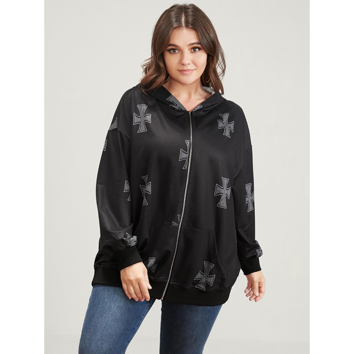 Plus Size Halloween Pocket Zipper Hooded Sweatshirt Women Black Casual Zipper Hooded Dailywear Sweatshirts BloomChic 30/6X Product Image