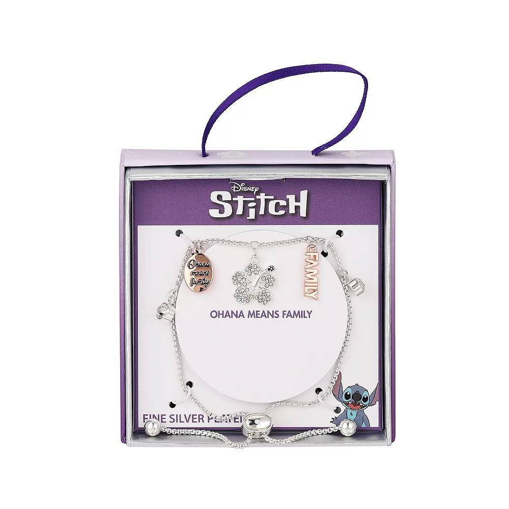 Disney's Lilo & Stitch Fine Silver Plated Crystal Ohana Means Family Charm Bolo Bracelet, Women's, Size: 5-9" ADJ Product Image