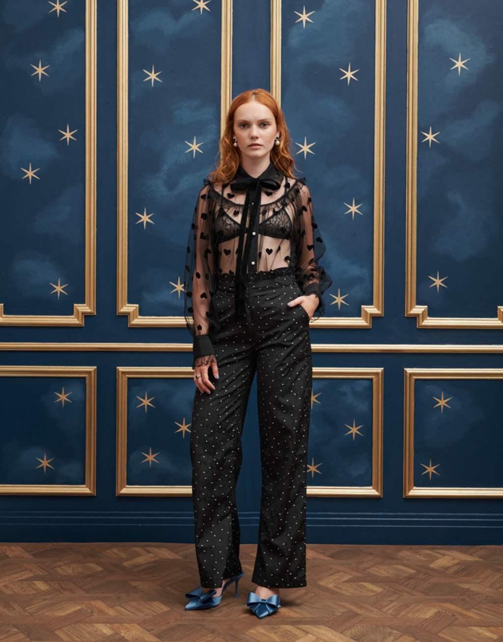 Sister Jane heart embossed sheer shirt in black Product Image