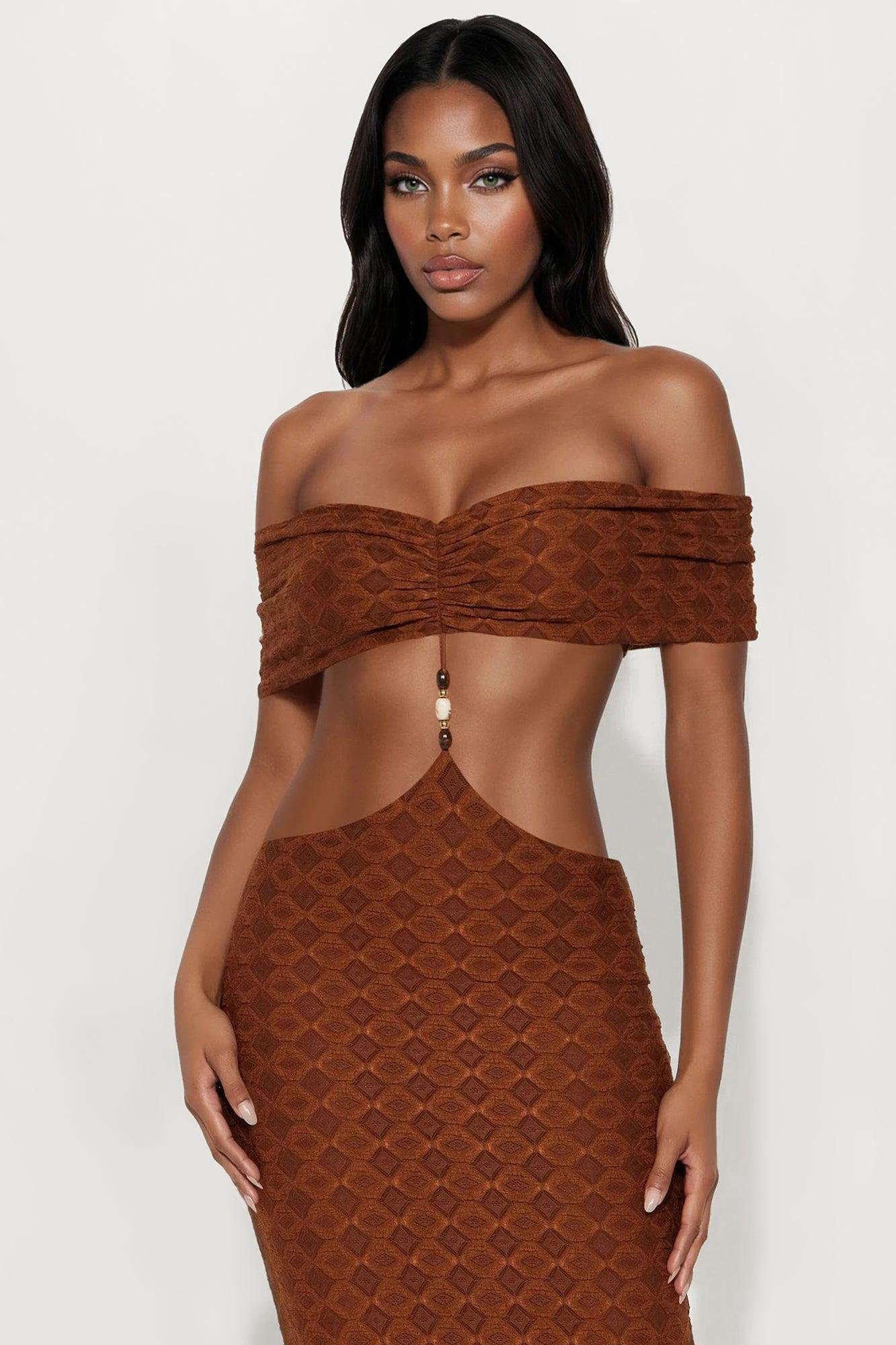 Beverly Textured Cut Out Maxi Dress - Brown Product Image