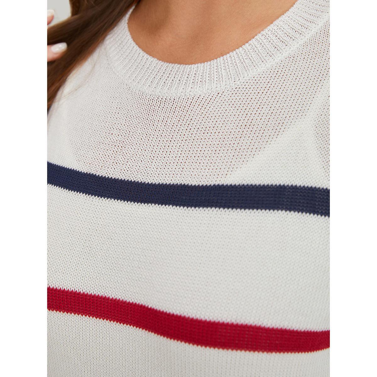 Plus Size Striped Contrast Drop Shoulder Pullover White Women Casual Bodycon Long Sleeve Round Neck Dailywear Pullovers BloomChic 22-24/3X Product Image