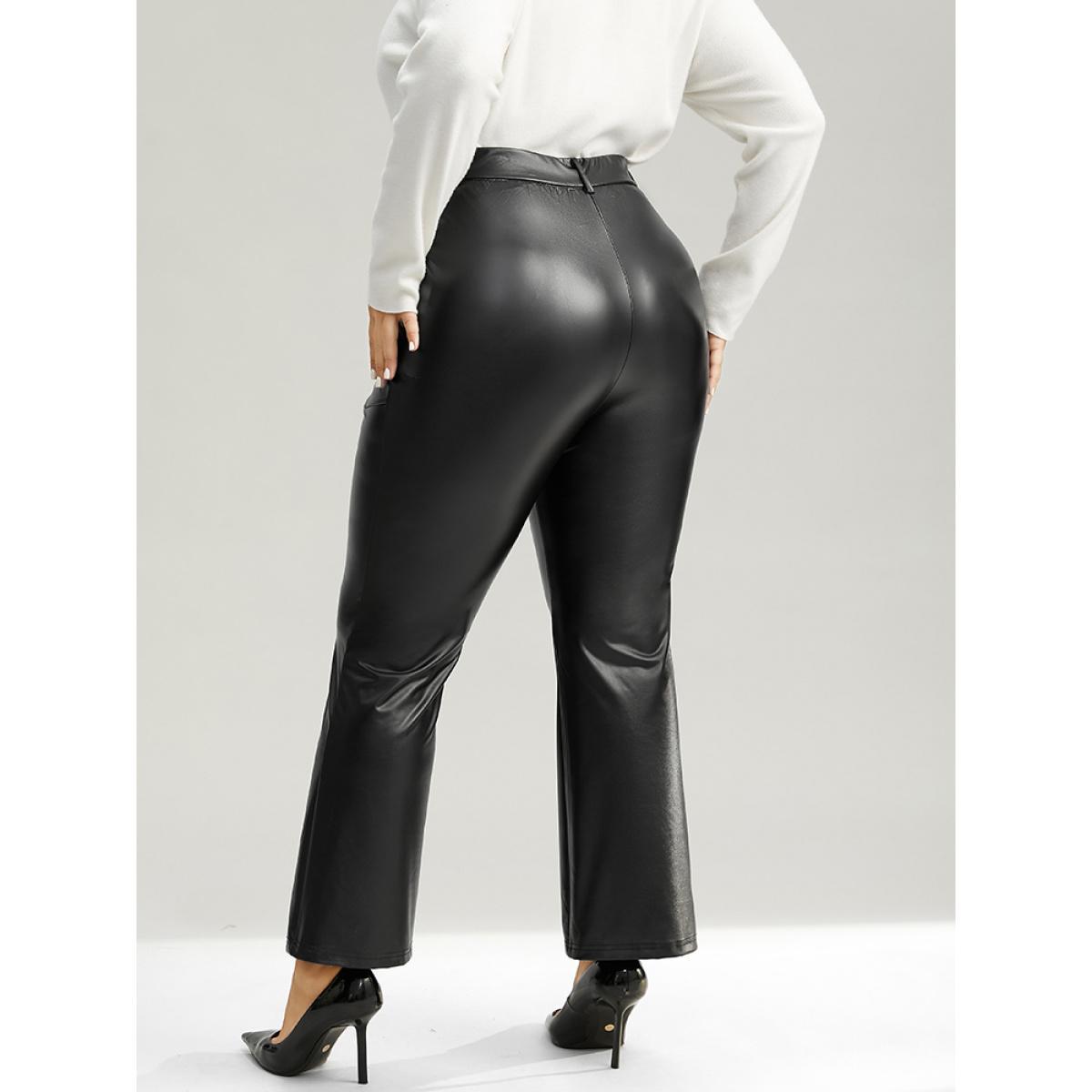 Plus Size Plain PU Leather Pocket Bootcut Pants Women Black Party Flare Leg High Rise Going out Pants BloomChic 26/4X Product Image