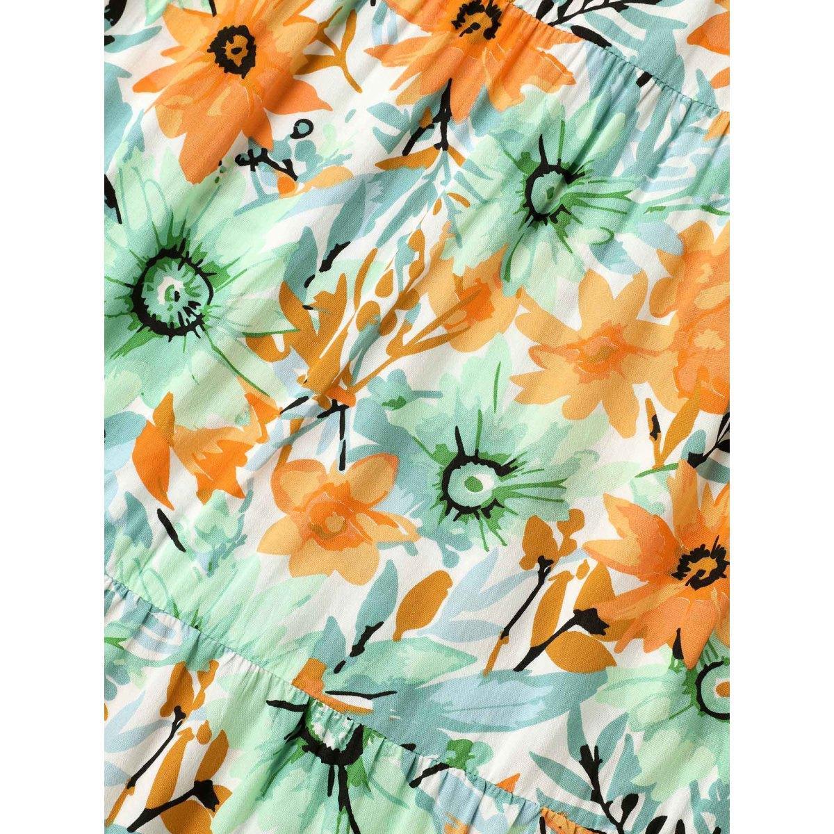 Plus Size Floral Print Rayon Pockets Tiered Midi Dress Beige Women V-neck Short sleeve Curvy BloomChic 12/L Product Image