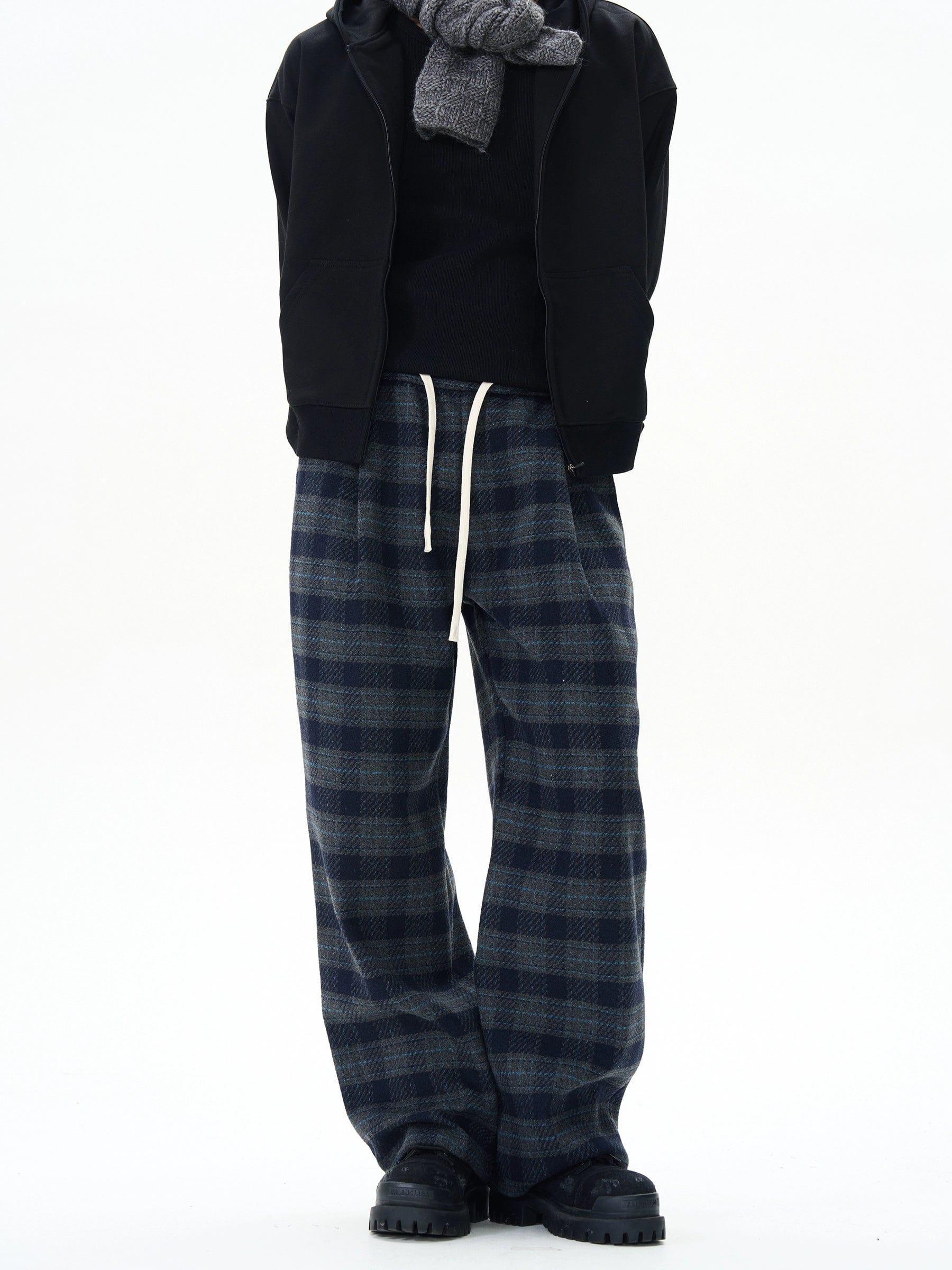 RT No. 12173 BLUE PLAID STRAIGHT DRAWSTRING SWEATPANTS Product Image