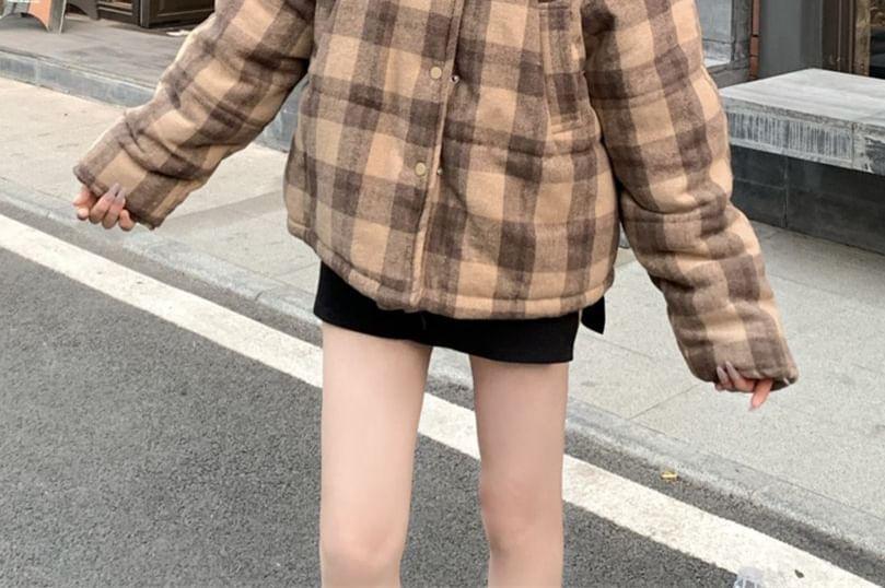 Stand Collar Plaid Padded Zip Jacket Product Image