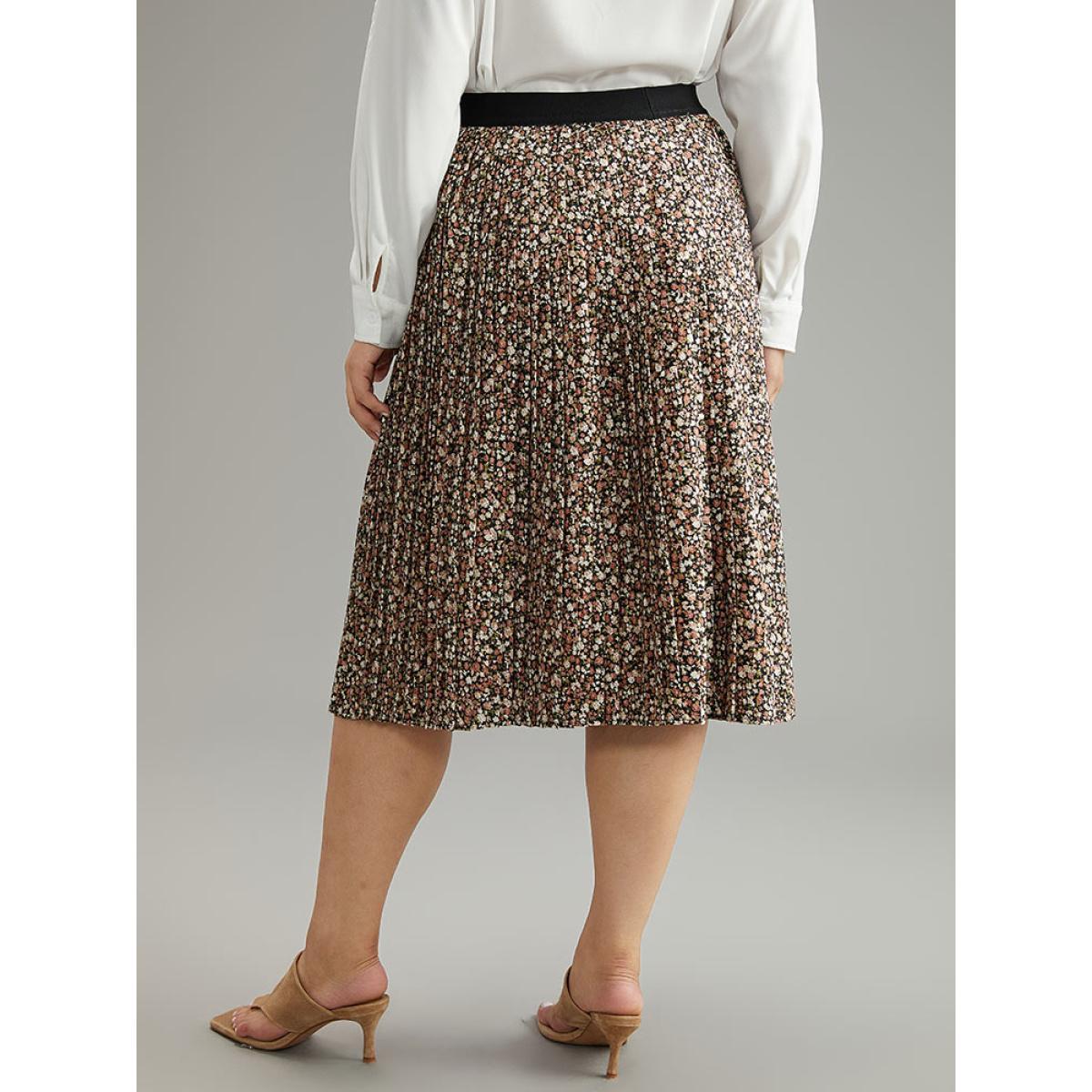 Plus Size Ditsy Floral Elastic Waist Midi Skirt Women Multicolor Elegant Pleated No stretch Dailywear Skirts BloomChic 14-16/1X Product Image
