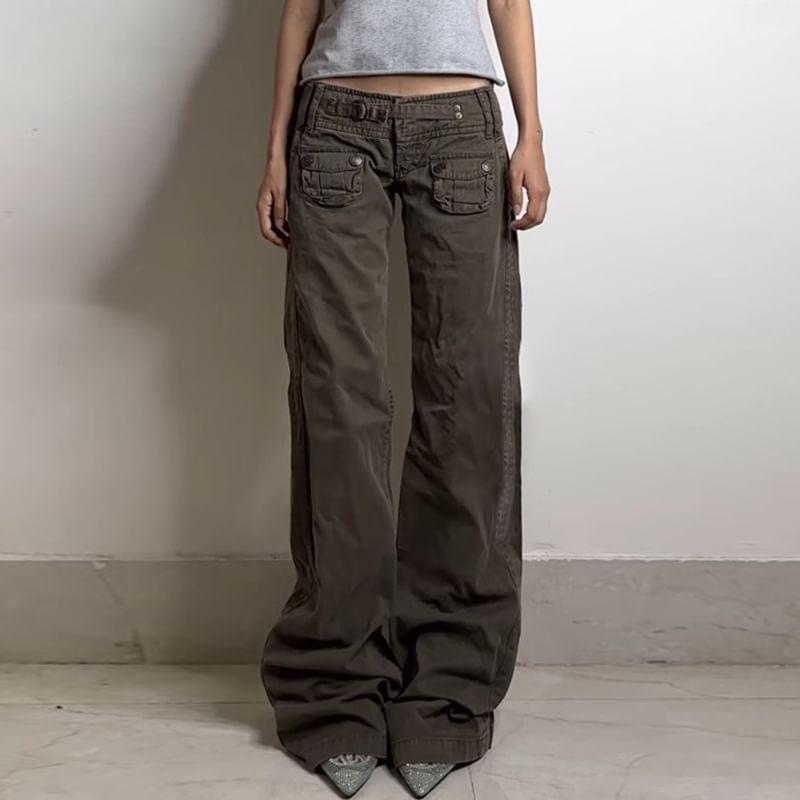 Low Rise Plain Pocket Straight-Fit Wide-Leg Pants Product Image