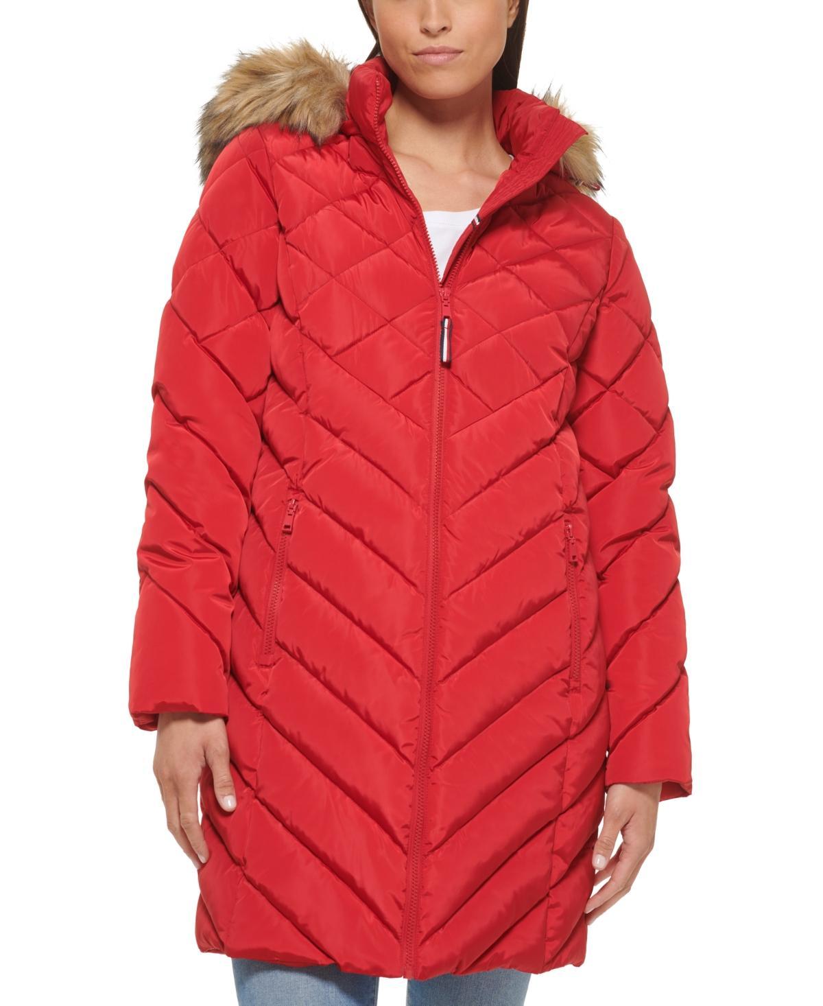 Tommy Hilfiger Womens Faux-Fur-Trim Hooded Puffer Coat Product Image