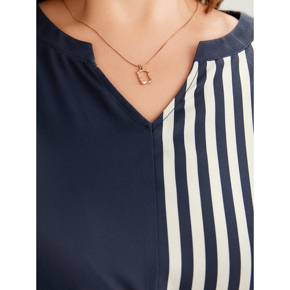 Plus Size Indigo Striped Patchwork Notched Belted Lantern Sleeve Blouse Women Office Long Sleeve V-neck Work Blouses BloomChic 28/5X Product Image