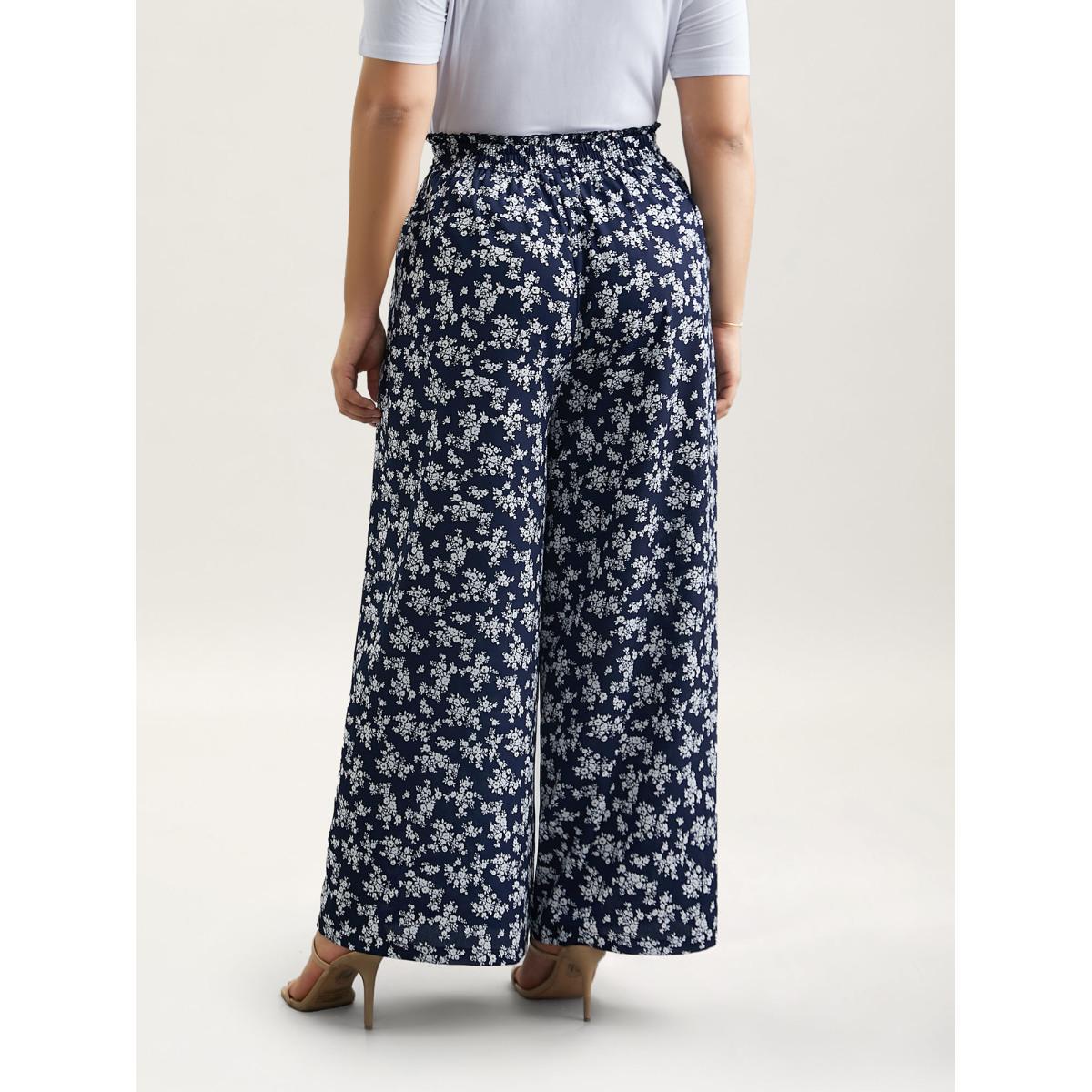 Plus Size Floral Print Waist Stretchy Wide Leg Pants Women Indigo Casual Wide Leg Mid Rise Everyday Pants BloomChic 30/6X Product Image