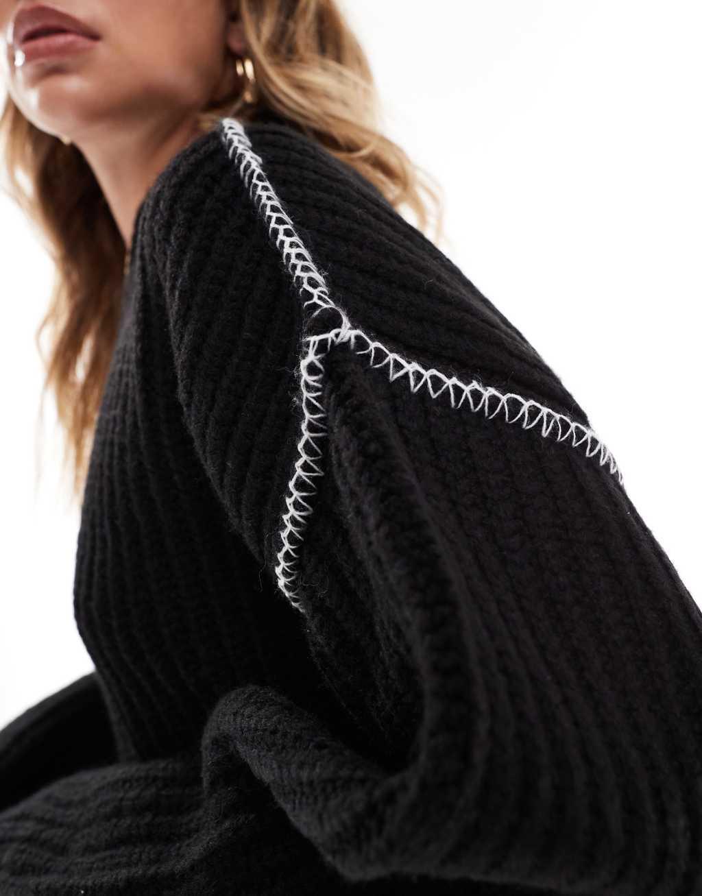 ASOS DESIGN crew neck sweater with contrast blanket stitch in black Product Image