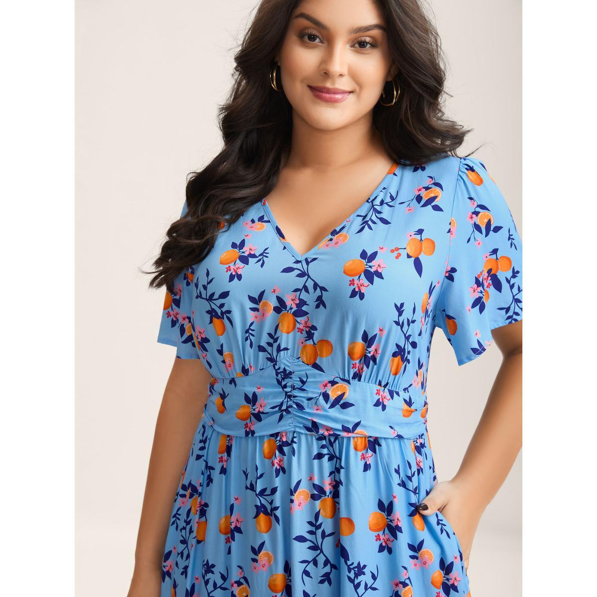 Plus Size Citrus Print Cinched-Waist Midi Dress Skyblue Women V-neck Short sleeve Curvy BloomChic 10/M Product Image